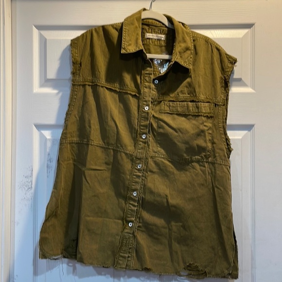 New! Free People We The Free Olive Destroyed Utility Shirt Tunic M - Picture 1 of 8